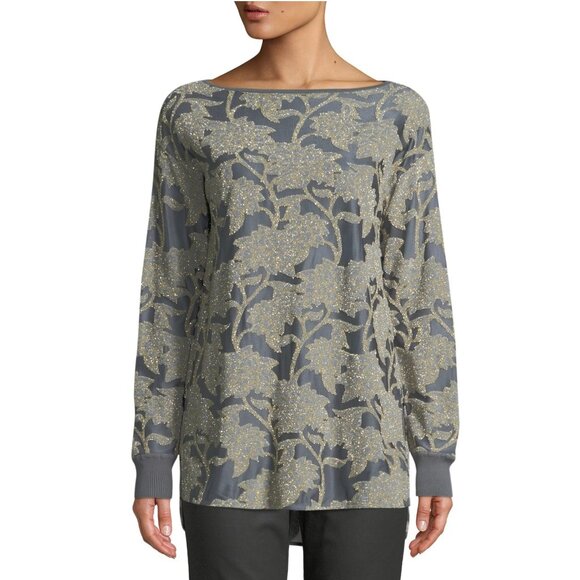 Lafayette 148 Phoenix Boat Neck Long Sleeve Floral Metallic Mesh Top Size Large - Picture 1 of 8